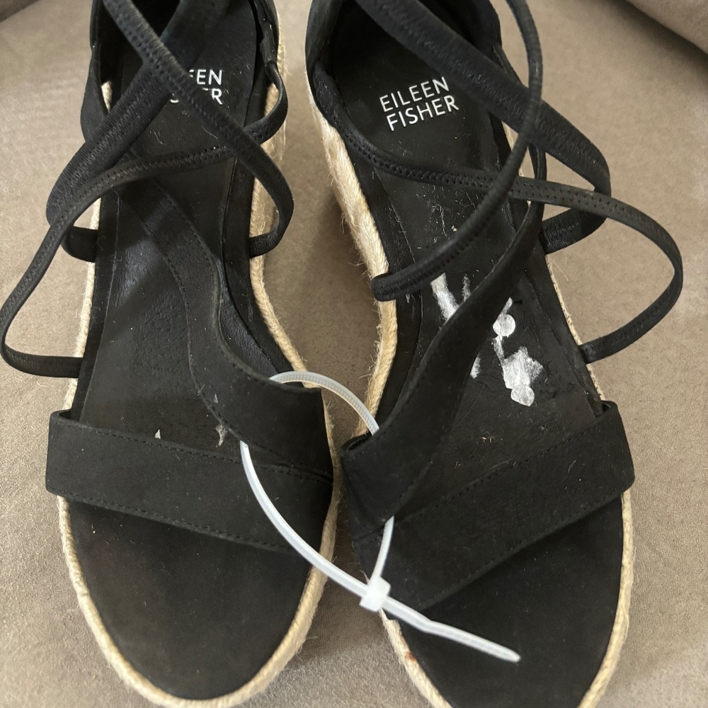 New Eileen Fisher Wanda Wedge Espadrille Sandal Black size 5